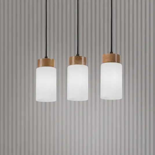 Závěsné svítidlo Markus, opálové sklo/dubové dřevo, délka 60 cm 3 světla. Originální