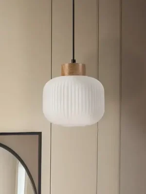 Závěsné svítidlo Harmony, Ø 20 cm, opálové sklo, dubové dřevo, E27 Jen Po Omezenou Doba