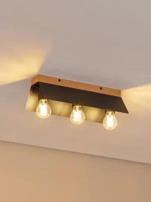 Stropní lampa Esme, černá, délka 40 cm, kov/dřevo, 3 světla. Expresní Doručení