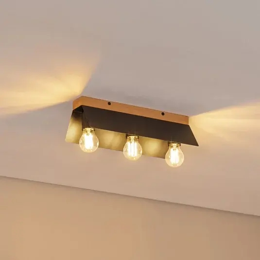 Stropní lampa Esme, černá, délka 40 cm, kov/dřevo, 3 světla. Expresní Doručení