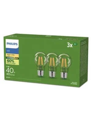 Akční Nabídka Philips E27 LED žárovka A60 2,3W 485lm 2700K filament 3ks balení
