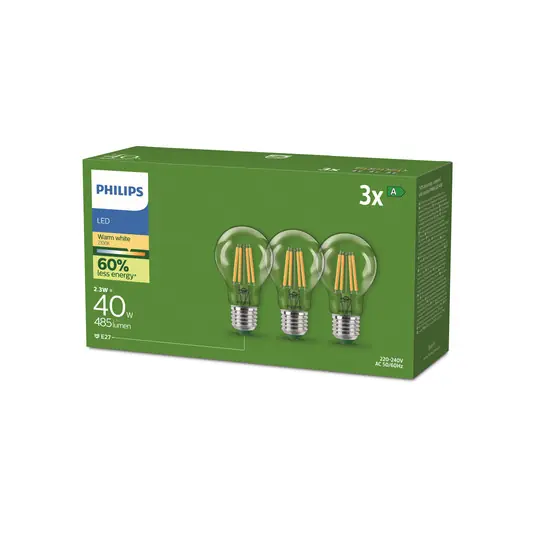 Akční Nabídka Philips E27 LED žárovka A60 2,3W 485lm 2700K filament 3ks balení