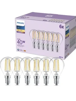 Philips LED žárovka E14 P45 4,3W 470lm 2700K filament 6 ks balení Sezónní Sleva