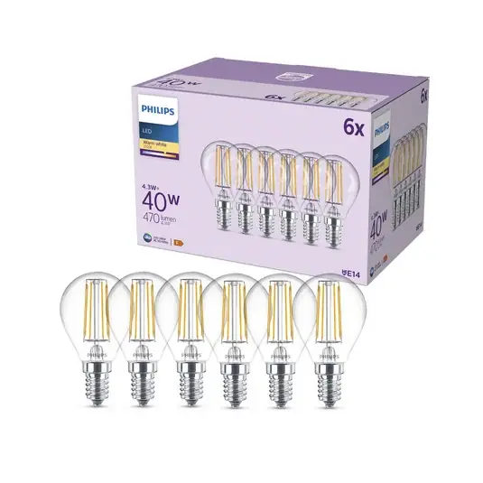 Philips LED žárovka E14 P45 4,3W 470lm 2700K filament 6 ks balení Sezónní Sleva