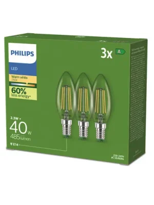 Philips LED žárovka E14 B35 2,3W 485lm 2700K filament 3 ks Akční Cena