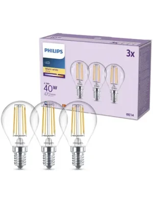 Časově Omezené Philips LED žárovka E14 P45 4,3W 470lm 2700K filament 3ks balení