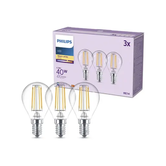 Časově Omezené Philips LED žárovka E14 P45 4,3W 470lm 2700K filament 3ks balení