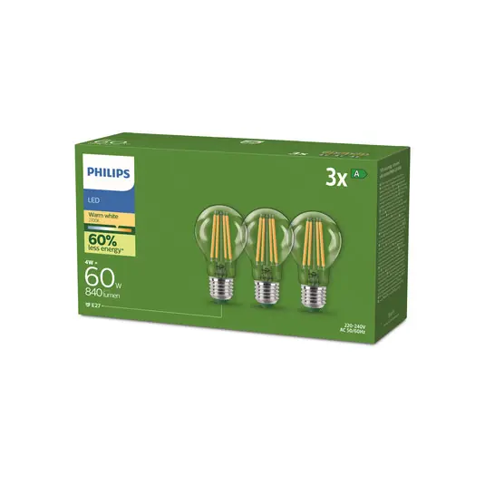 Nejlepší Cena Philips E27 LED žárovka A60 4W 840lm 2700K filament 3 ks balení