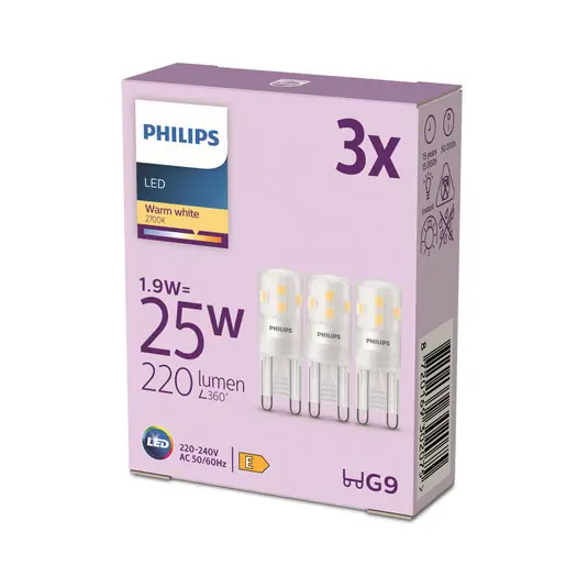 Philips LED kolíková žárovka G9 1,9W 220lm 2700K matná 3 ks Aktuální