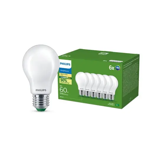 Philips E27 LED žárovka A60 4W 840lm 2700K opálová 6 ks balení Levný
