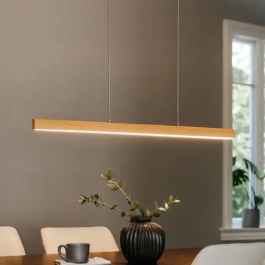 Super Cena Závěsné světlo LED Shine-Wood, délka 105 cm, dub/niklová barva