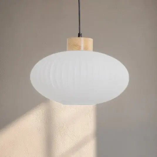 Závěsné světlo Harmony, Ø 25 cm, bílá/dub, sklo/dřevo Autentický