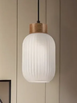 Závěsné světlo Harmony, Ø 14 cm, bílá/dub, sklo/dřevo Akční Nabídka