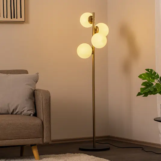 Stojací lampa Faze, zlatá, sklo, 130 cm, 4 žárovky, E27 Nová Kolekce