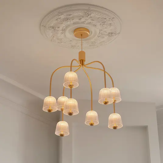Nuura LED lustr Asteea 9, Ø 66 cm, mosazná barva/čirá Přímo Od Výrobce