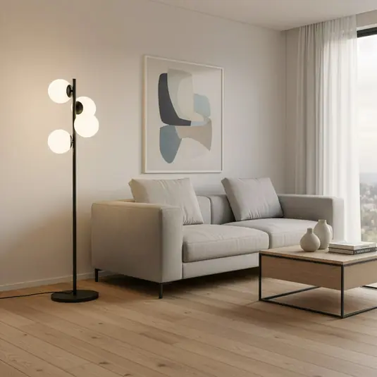Stojací lampa Faze, černá, sklo, výška 130 cm, 4 žárovky, E27 Sleva