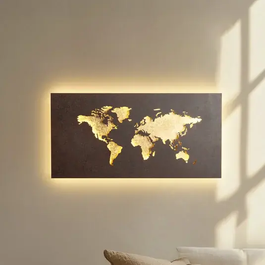 Expresní Doručení Lucande LED nástěnné světlo World, rezavá/zlatá, 60 cm x 30 cm