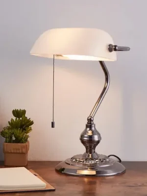 Stolní lampa BANKER, niklová barva, výška 39 cm, kov/sklo Zlevněný