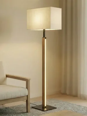 Sezónní Sleva LED stojací lampa Quitani Lisene, dub/černá/přírodní, 162 cm, stmívatelné