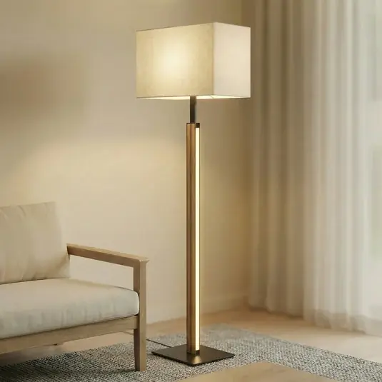 Sezónní Sleva LED stojací lampa Quitani Lisene, dub/černá/přírodní, 162 cm, stmívatelné