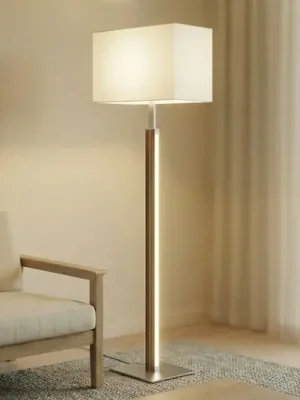 Aktuální LED stojací lampa Quitani Lisene, ořech/stříbrná/přírodní, 162 cm, stmívatelné