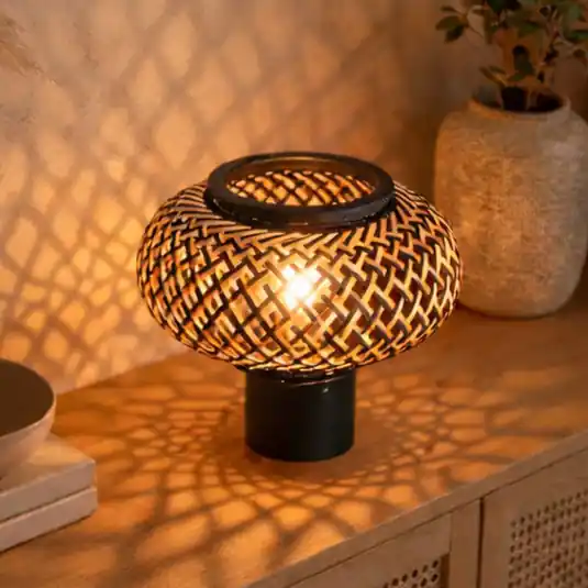 Stolní lampa Bloeba, černá, bambusové pletivo, Ø 22,5 cm Finální Výprodej