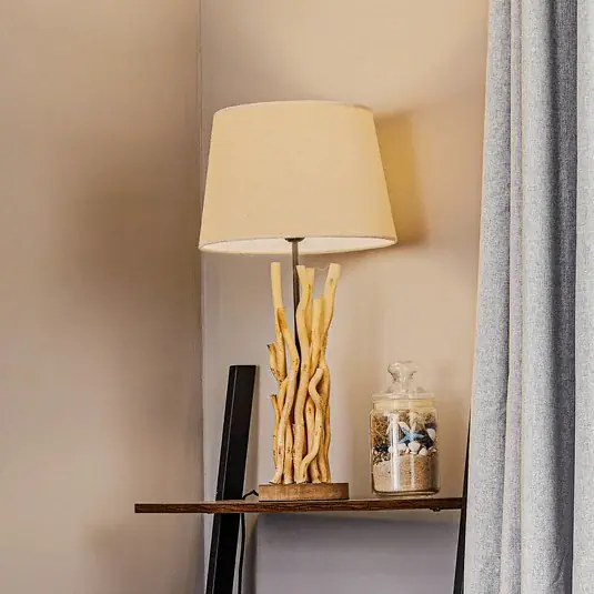 Stolní lampa Agar s látkovým stínidlem a dřevěným prvkem Vysoce Kvalitní