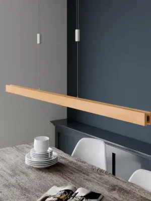 Značkový Závěsné svítidlo Quitani LED Alin, délka 138 cm, přírodní dub