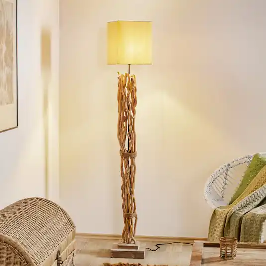 Hit Sezóny Stojací lampa Marica s látkovým stínidlem a dřevěným prvkem