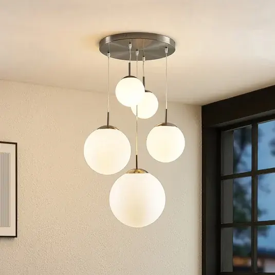 Závěsné svítidlo Lindby Heleska, bílé, sklo, 5 světel, Ø 50 cm Top Prodej
