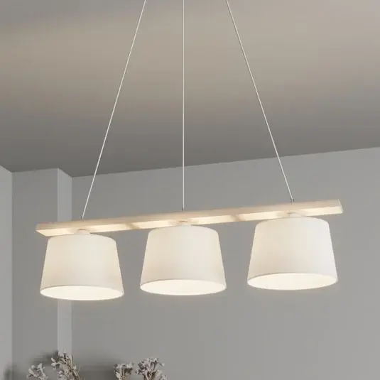 Závěsná lampa Švédsko, starožitná bílá/bílá, textil, dřevo, 3 světla Poslední Šance