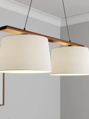 Autentický Závěsná lampa Švédsko, starožitná bílá, textil, ořech, 2 světla