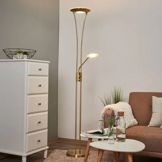 Víkendová Akce Lindby LED stojací lampa Eda, výška 180 cm, mosaz, stmívatelné