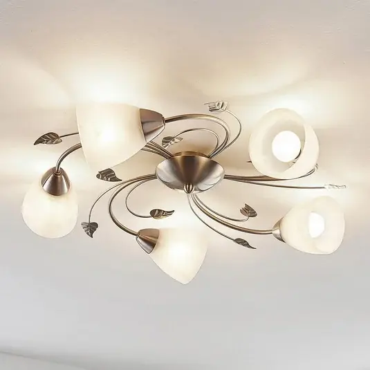 Stropní svítidlo Lindby Yannie, 5 světel, 60 cm, nikl/bílá, sklo Oblíbený
