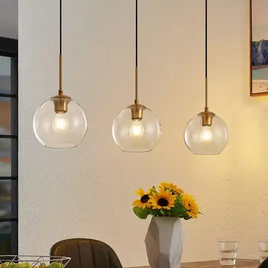 Kup Teď Závěsná lampa Lindby Grady, mosaz/čirá, 110 cm, kov, sklo