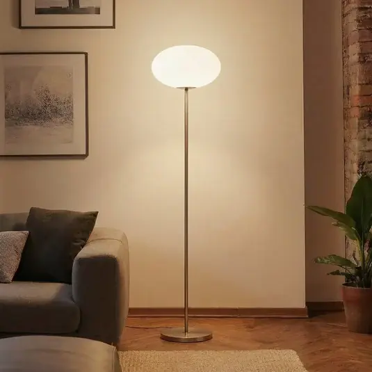 Stojací lampa Lindby Sonika, 175 cm, barva niklu, sklo, E27 Cenový Hit