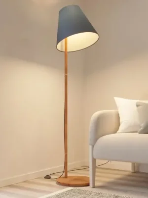 Stojací lampa Lucande Jinda, modrá, dřevo, látka, 160 cm, E27 Značkový
