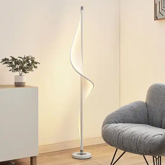 Cenově Výhodný Stojací lampa Lucande LED Edano, 154 cm, bílá, textilní, stmívatelná