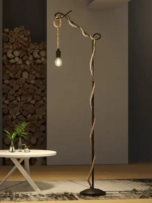 Nová Kolekce Stojací lampa Lucande Ropina, výška 180 cm, černá, konopné lano