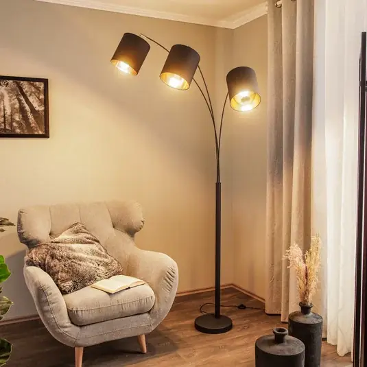 Stojací lampa Lindby Nanika, černá/zlatá, 202 cm, E27, 3 světla. Autentický