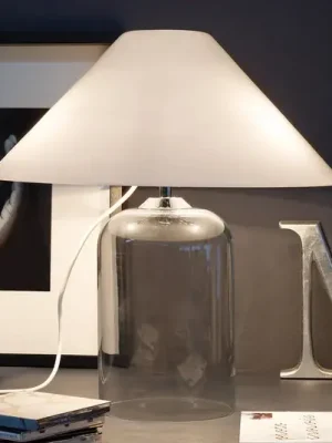 Levný Textilní stolní lampa Alega čirá skleněná noha