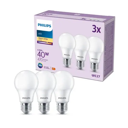 Philips LED žárovka E27 4,9W 470lm 2700K matná 3ks Levný