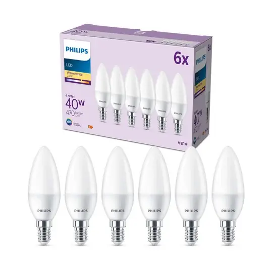 Philips LED svíčka E14 4,9W 470m 2 700K matná 6ks Vrácení Zdarma