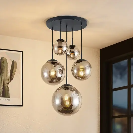 Přímo Od Výrobce Závěsné svítidlo Lindby Teeja, kouřové, 5 světel, Ø50cm, sklo, E27