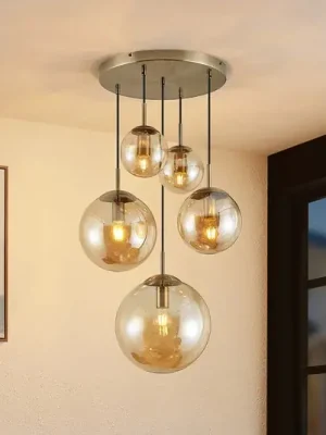 Akce Závěsné svítidlo Lindby Teeja, jantarová barva, 5 světel, Ø50cm, sklo, E27