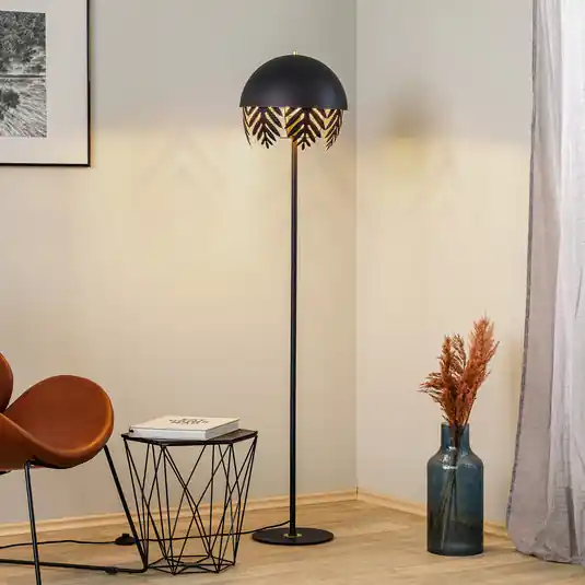 Stojací lampa Lucande Aparas, listový vzhled, černo-zlatá barva Vysoce Kvalitní