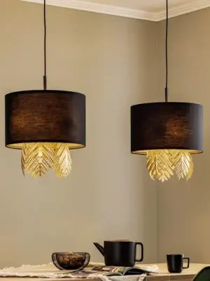 Látková závěsná lampa Lucande Malviras, dekor listů, 2 světla. Akce