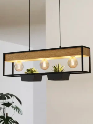 Závěsná lampa Libertad 1, délka 76 cm, černá/dřevo, 3 světla. Výhodná Nabídka