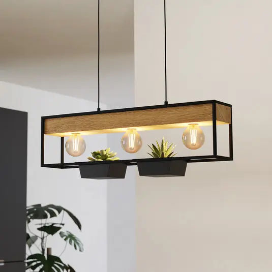Závěsná lampa Libertad 1, délka 76 cm, černá/dřevo, 3 světla. Výhodná Nabídka