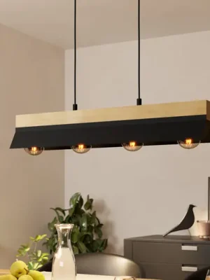 Závěsná lampa Tarrafo černá, přírodní dřevo, 4 světla Nízká Cena